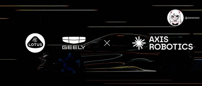 A promotional graphic with logos for Lotus, Geely, and Axis Robotics alongside a stylized car silhouette, credited to '@Jjoensoon'.