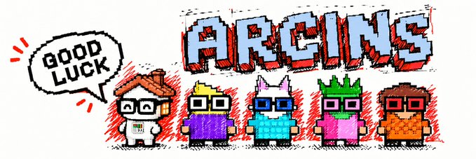 Hand-drawn cartoon art titled 'ARCINAS' featuring five pixelated characters in different colored outfits, with one saying 'GOOD LUCK'.