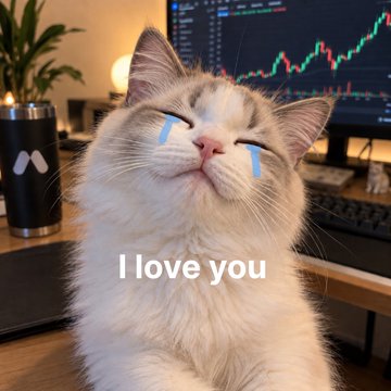 A happy cat with closed eyes and "I love you" written across it sits in front of a computer displaying a rising candlestick trading chart, humorously representing the joyous reaction of finding out someone used the MEXC crypto exchange.