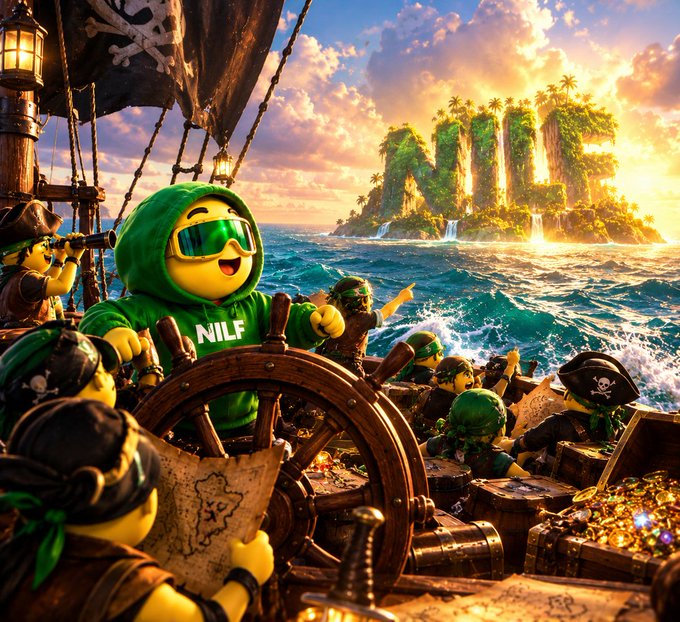 A pirate-themed digital illustration shows a character in a green hoodie and sunglasses labeled "NILF" at the helm of a ship, with a pirate crew and a tropical island in the background.