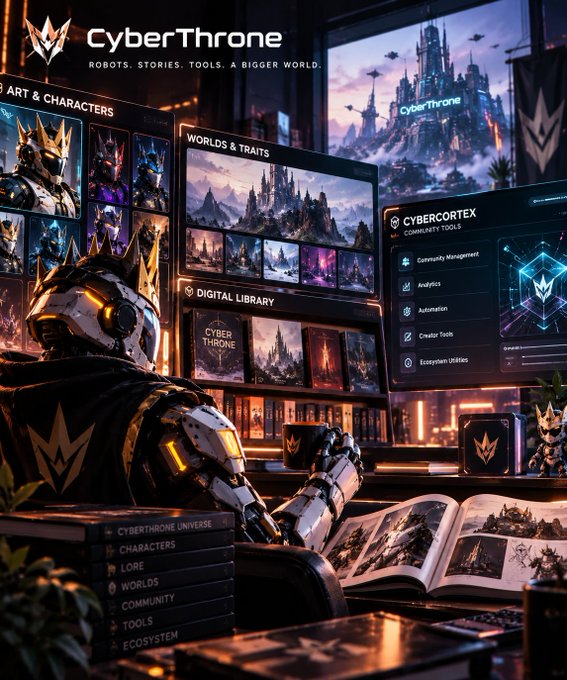 Promotional artwork for 'CyberThrone' showing a robotic figure with a crown viewing screens labeled 'ART & CHARACTERS', 'WORLDS & TRAITS', 'DIGITAL LIBRARY', and 'CYBERCORTEX', with the tagline 'ROBOTS, STORIES, TOOLS, A BIGGER WORLD.'