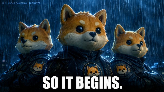 A meme image showing three figures with Shiba Inu dog heads wearing black tactical uniforms, with the text 'BULLBEAR CAMPAIGN: ACTIVATED.' and 'SO IT BEGINS.'