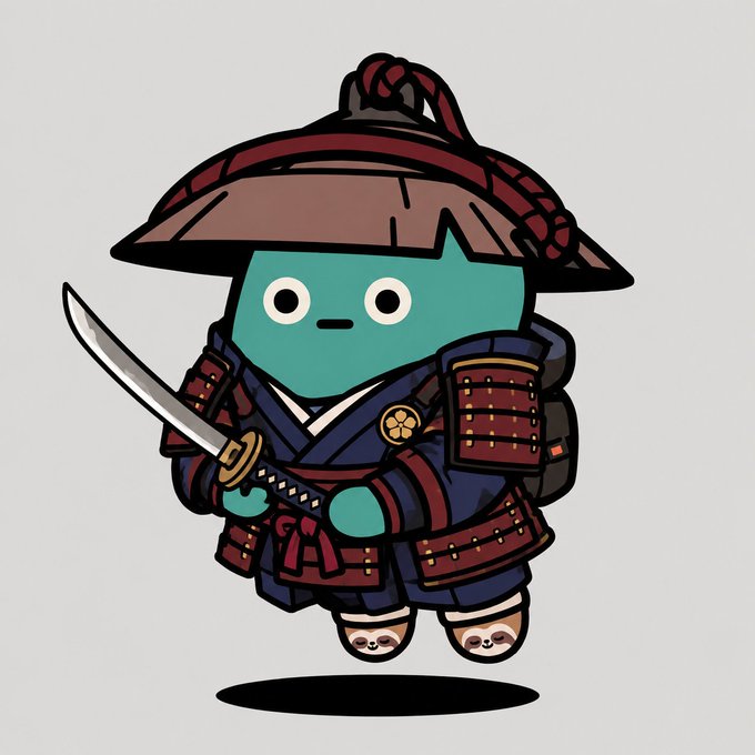 A cartoon illustration of a small, teal-skinned samurai character wearing traditional dark blue and red armor and a wide-brimmed hat, holding a katana sword.