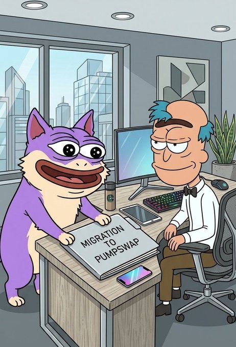 The image features an office scene with two cartoon characters, one purple cat and one man wearing a bow tie. The cat character is standing behind a desk holding a book titled "Migration Pumpswap" while the man character is sitting at his computer. There are also some objects in the background that include a keyboard, mouse, and potted plant. The image seems to be related to a post about loyalty or a community, as indicated by the caption $DUKO = loyalty Those who own duko have shown their loyalty by tweeting and continuing to support it despite no progress being made.