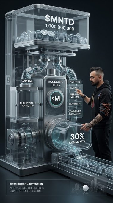 A digital infographic displays a transparent 3D machine processing $MNTD tokens, showing a 30% community allocation, capital, economic filter, and activity verification volume, with a tattooed man pointing at it.