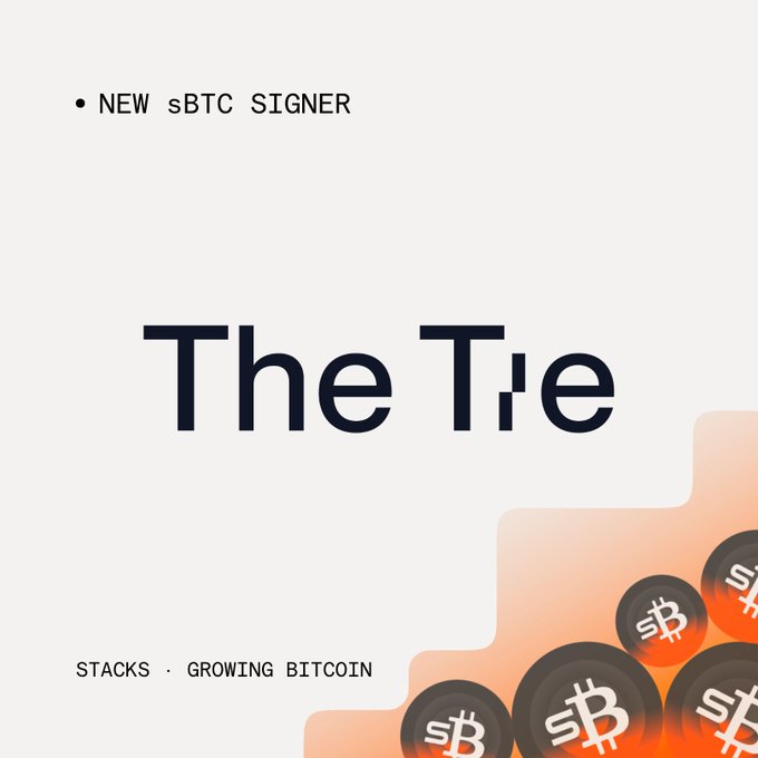 The image features a promotional graphic for The Tie, displaying the "NEW sBTC SIGNER" announcement at the top, with "The Tie" prominently displayed in the center and "STACKS · GROWING BITCOIN" below, accompanied by Bitcoin-themed imagery in the background.