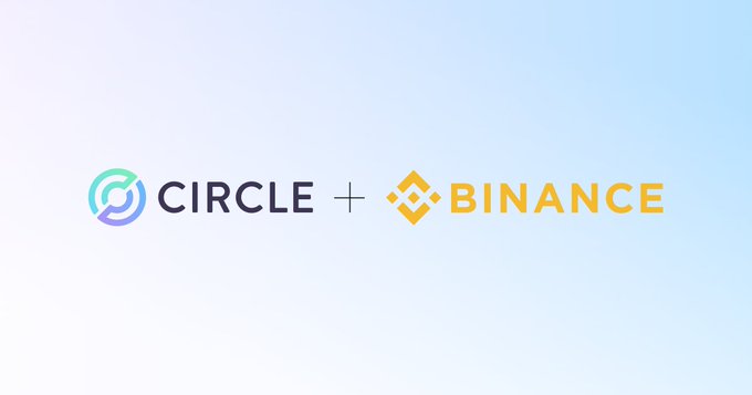 A minimalist graphic displaying 'CIRCLE + BINANCE' logos on a light gradient background, representing a partnership between the two companies.