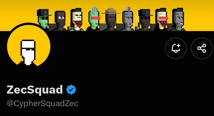 A Twitter profile for "ZecSquad" (@CypherSquadZec) is shown, featuring a pixel art zombie and skull design with 6,000 followers, as referenced in the giveaway post offering 10 GTD spots for a free mint on the $ZEC launchpad.