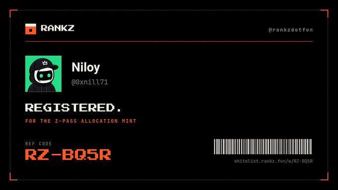 A digital 'RANKZ' registration card for user 'Niloy' (@0xnil171) with reference code 'RZ-BQ5R' for a 'Z-PASS ALLOCATION MINT'.