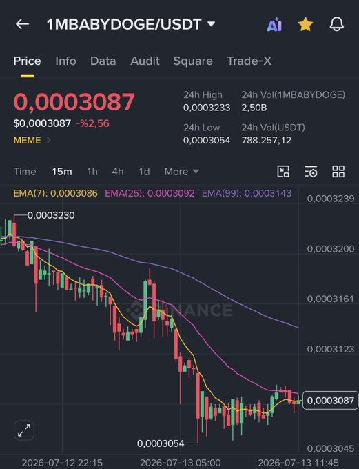 The image shows a Binance trading chart for the 1MBABYDOGE/USDT meme coin pair, currently priced at $0.0003087 (down 2.56% in 24h), with a 24-hour high of 0.0003233 and low of 0.0003054, displaying a clear downtrend on the 15-minute timeframe. This relates to the post's market analysis by illustrating a typical altcoin/meme coin decline, suggesting the broader bearish sentiment the author likely observed when Bitcoin was around the 81K level.