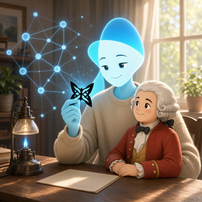 A 3D-style illustration shows a translucent blue humanoid figure holding a black butterfly, sitting next to a figure in 18th-century clothing, with a glowing neural network graphic floating nearby.