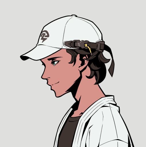 An anime-style profile illustration of a young man wearing a white cap with a logo and a head-mounted device.