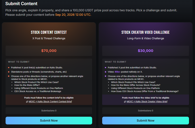 A content submission page for a contest with two tracks: 'Stock Content Contest' (X Post & Thread) with a $70,000 prize and 'Stock Creator Video Challenge' (Long-Form & Video) with a $30,000 prize, both with a deadline of 'Sep 20, 2026 12:00 UTC'. The submission options include topics like 'Which Stock Product Fits Which Use Case?' and 'How Do the Risks Differ?'