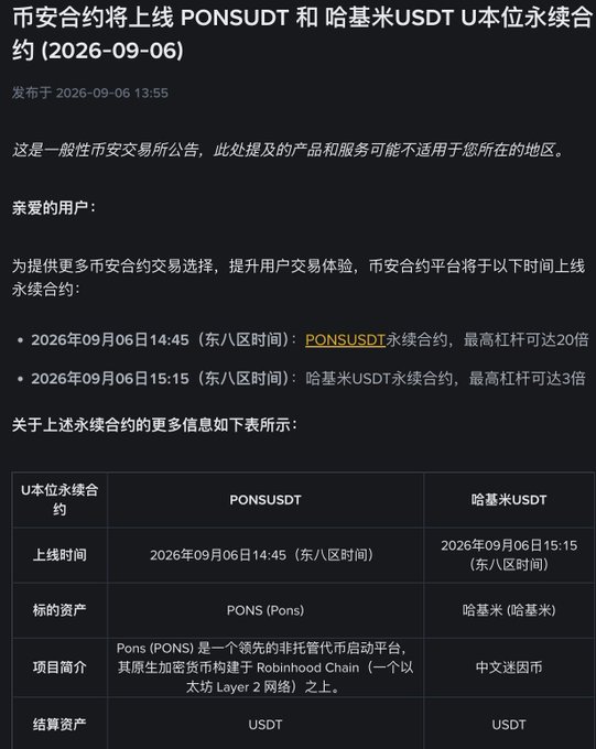 A Chinese-language announcement from Binance Futures (币安合约) dated 2026-09-06 regarding the listing of PONSUSDT and 哈基米USDT (Hamster) perpetual contracts, showing listing times, underlying assets, and 20x/3x maximum leverage.