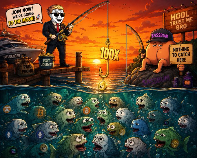 Crypto-themed cartoon illustration depicting an influencer fishing with 'Exit Liquidity' bait promising 'To The Moon,' an angry 'Sassbum' character warning 'Nothing to Catch Here,' and schools of fish bearing Bitcoin, Solana, and other crypto logos underwater.