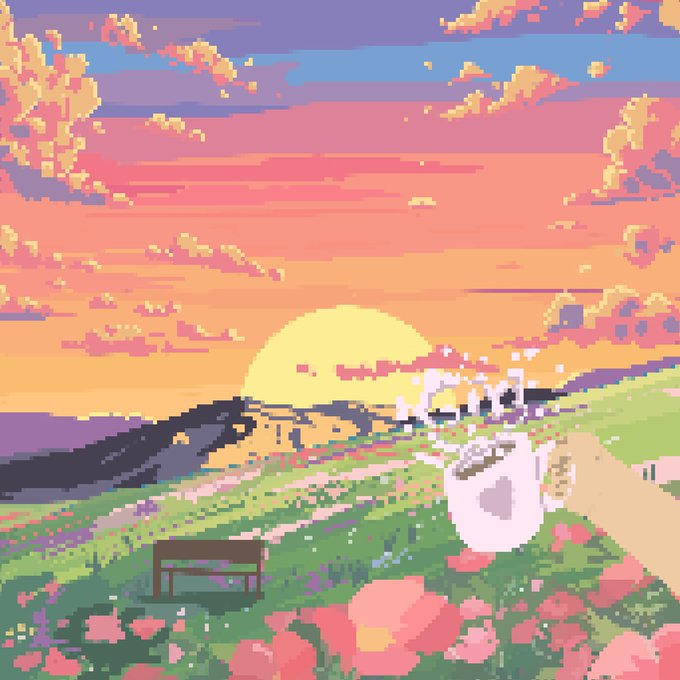 A pixel art sunset scene featuring a flower-filled meadow with a wooden bench, rolling hills, and the text "5K" displayed prominently near a small structure, marking the achievement of surpassing 500 Pic2Cells burned as mentioned in the post.