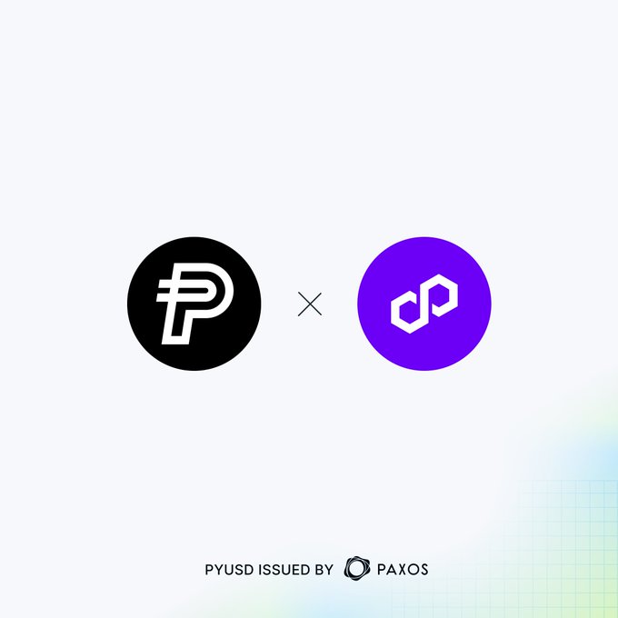A promotional graphic showing a partnership between PayPal (PYUSD) and Polygon, reading 'PYUSD ISSUED BY PAXOS' at the bottom.