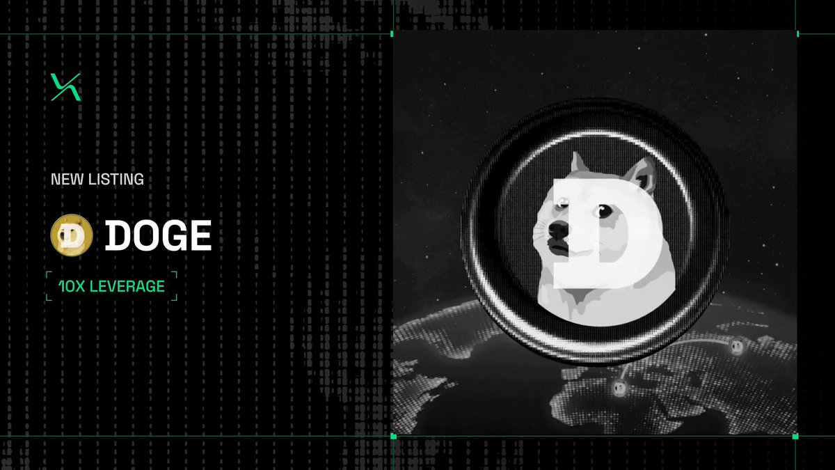The image features a poster for a cryptocurrency called Dogecoin, which has a white dog face on it. The poster also includes text that says "New listing", "DOGE trading is now LIVE!", and "Long or short with up to 10x leverage". These details suggest that the poster is promoting the trading of Dogecoin, possibly as an investment opportunity.
