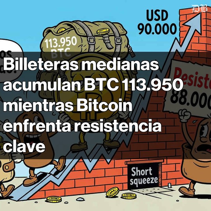 A Spanish-language Bitcoin news graphic showing a bag labeled '113.950 BTC' with text 'Billeteras medianas acumulan BTC 113.950 mientras Bitcoin enfrenta resistencia clave', alongside 'USD 90.000', 'Resistencia 88.000', and 'Short squeeze' labels.