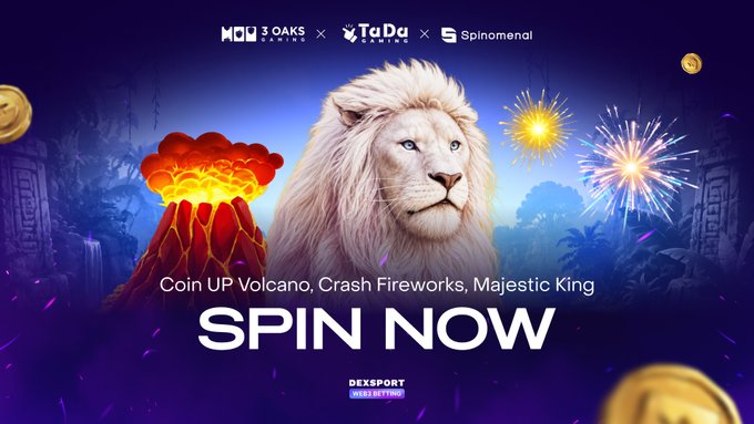 The promotional graphic showcases a majestic white lion alongside an erupting volcano and bursting fireworks against a dark purple background, advertising three new games—Coin UP Volcano, Crash Fireworks, and Majestic King—from providers 3 Oaks Gaming, TaDa Gaming, and Spinomenal, now available on Dexsport with a prominent "SPIN NOW" call-to-action and a 4.2/5 user rating displayed.
