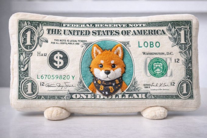 The image features a teddy bear with an orange color, wearing a black bandana around its neck, sitting next to a fake US dollar bill that has been embroidered to resemble a dog character. The surrounding text reads "THE UNITED STATES OF AMERICA", "LOBO", and "#LOBO". This arrangement suggests the presence of some sort of art or design project related to money, dogs, or the United States, possibly aiming at catching the attention of viewers with its unique combination of themes and subjects.