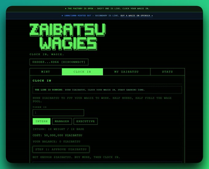 Screenshot of 'ZAIBATSU WAGIES' crypto dashboard with retro green pixel-art styling, showing a Clock In interface where users burn $ZAIBATSU tokens to put their 'wagie' to work, with options for Intern, Manager, and Executive roles.