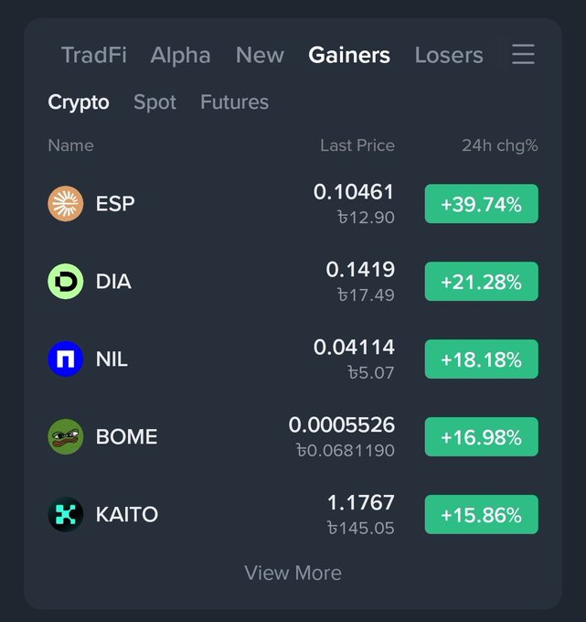 A crypto market 'Gainers' list showing top performers: ESP (+39.74%), DIA (+21.28%), NIL (+18.18%), BOME (+16.98%), and KAITO (+15.86%) with their last prices in THB.