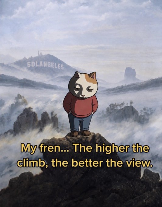 A cartoon cat wearing a red sweater stands triumphantly atop a misty mountain peak, with "SOLANGELES" resembling the Hollywood sign in the distance, captioned "My fren.... The higher the climb, the better the view." The image reflects the post's message of resilience—symbolizing how while waiting for better times, one can climb above the fog to create their own brighter perspective.