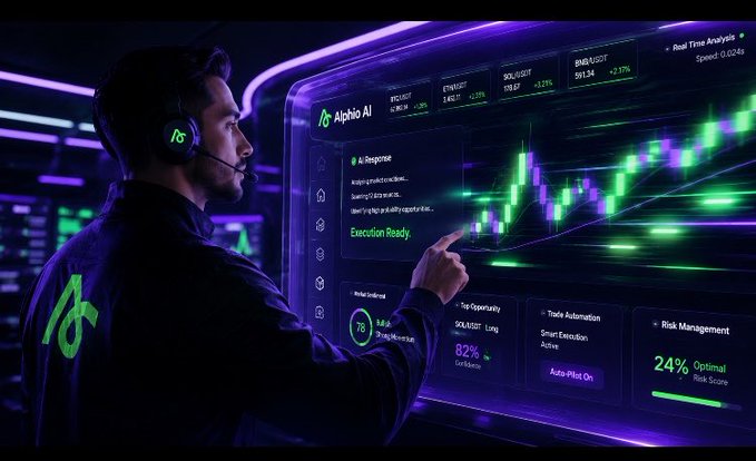 A man wearing a headset operates an 'Alpha AI' trading interface displaying green candlestick charts and metrics like 'Real Time Analysis' and 'Risk Management 24% Optimal'.