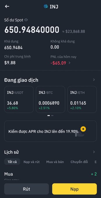 A mobile trading app screenshot showing an INJ cryptocurrency spot balance of 650.9484 ($23,868.88) with active trading pairs against USDT (+5.80%), BTC (+2.51%), and ETH (+2.10%), alongside a 19.90% APR earning opportunity. The image illustrates the modern approach to altcoin accumulation, contrasting the post's nostalgic reflection on simply buying and holding 5-10 coins with today's more sophisticated yield-generating and multi-pair trading strategies.
