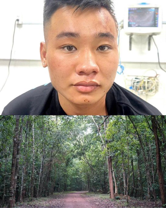 A split picture of a young man (likely Nguyễn Đức Anh) in what appears to be a medical setting on top, paired with a dense pine forest path below—the possible location referenced in the post where he reportedly considered harming his ex-girlfriend five days before the Dong Nai tragedy.