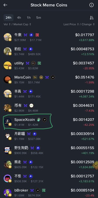 A screenshot of a 'Stock Meme Coins' list showing various cryptocurrency prices and 24-hour changes, with 'SpaceXcoin' circled in green at $0.0014207 (-42.25%).