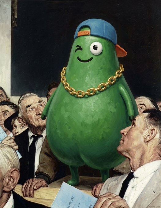 A surreal painting of a large, smiling green avocado-like character wearing a blue backwards baseball cap and a gold chain, standing among a crowd of realistic human men.