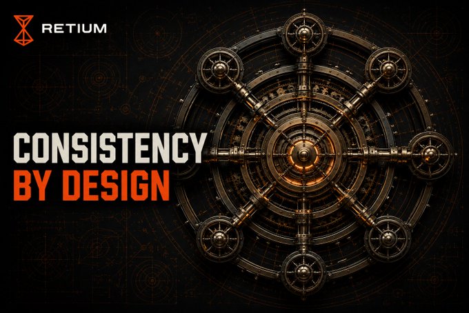 This image features a complex, steampunk-style golden clockwork mechanism against a technical blueprint background, accompanied by the text "RETIUM" and "CONSISTENCY BY DESIGN." The intricate, interconnected gears visually represent the concept of "determinism" mentioned in the post, illustrating how different parts of a system function together in a precise, synchronized manner.