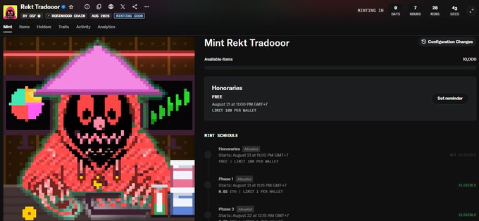 The image shows the minting page for "Mint Rekt Tradeoor" on Robinhood Chain, featuring a pixelated red and black reaper character illustration alongside mint schedule details. The post's claim is supported by the visible "REKT" ticker, supply of 10,000, and pricing information displayed on the mint page.