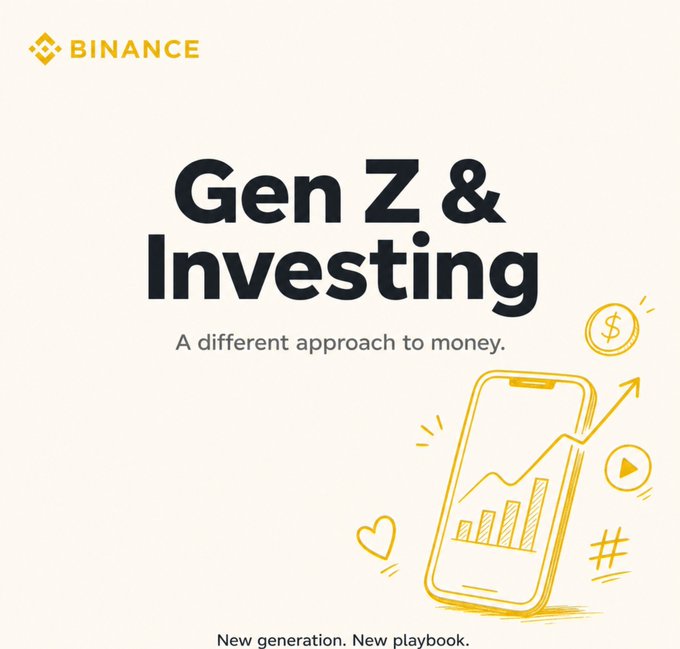A Binance-branded graphic titled "Gen Z & Investing — A different approach to money," featuring a sketched smartphone displaying an upward-trending chart surrounded by icons like a dollar coin, heart, and hashtag, visually reinforcing the post's message about Gen Z's digital-first and unconventional approach to investing.