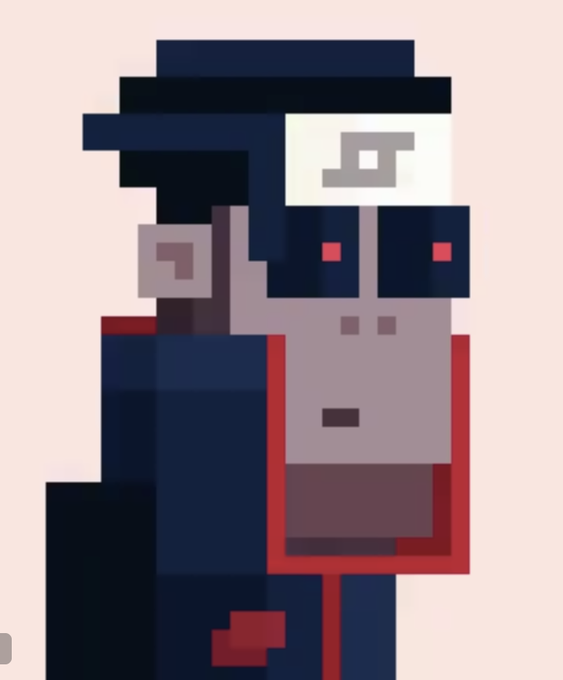 A pixel art portrait of a character with dark hair, red eyes, and a pale face wearing a dark blue coat with red trim.