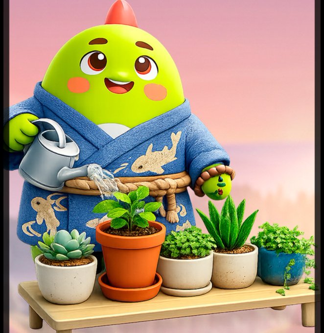 3D-rendered cartoon character with a green egg-shaped head and red crest, wearing a blue robe with dragon designs, watering potted plants on a wooden shelf.