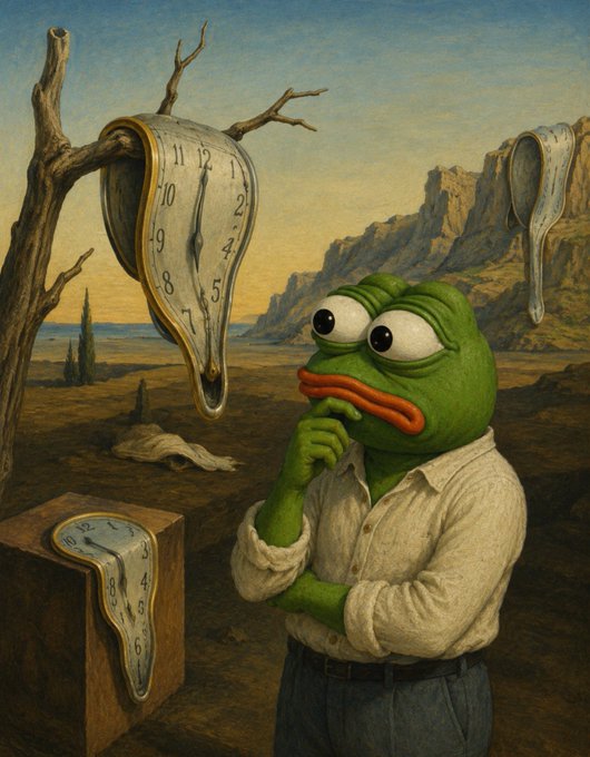 A surreal painting in the style of Salvador Dalí featuring a green Pepe the Frog character wearing a white shirt, posed in thought against a desert landscape with melting clocks.