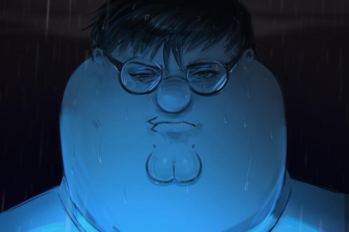 A digitally illustrated, exaggerated caricature of Harry Potter wearing his signature round glasses, rendered in blue tones and appearing to sweat heavily against a dark rainy background. The image humorously captures the anxious, sweating dread of someone moments away from opening a high-leverage 40x trading position to "snipe the bottom" of the market.