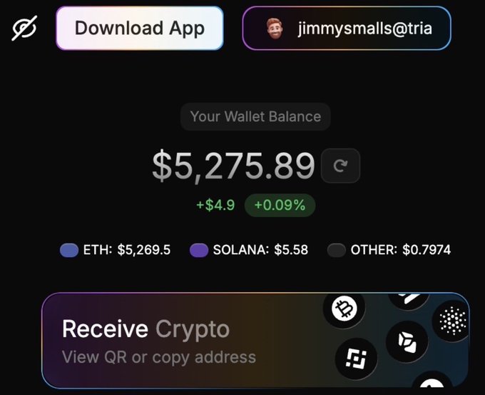 The image shows a screenshot of a computer screen displaying information about a cryptocurrency wallet balance, including the current balance of $5,275.89 and the amount of Ether used for transactions. The screen also has a message from another user named Jimmy Smalls, who is sharing his experience with using the wallet app.