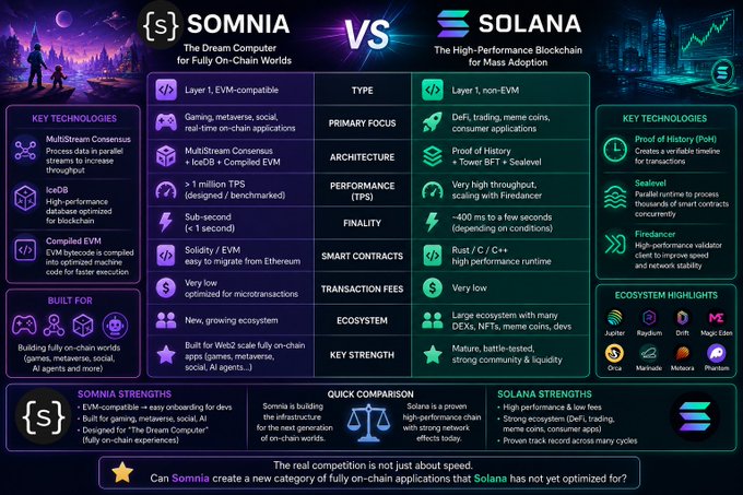 Comparison infographic titled 'SOMNIA VS SOLANA: The Dream Computer for Fully On-Chain Worlds' versus 'The High-Performance Blockchain for Mass Adoption', detailing features like Layer 1 EVM compatibility, TPS, and finality.