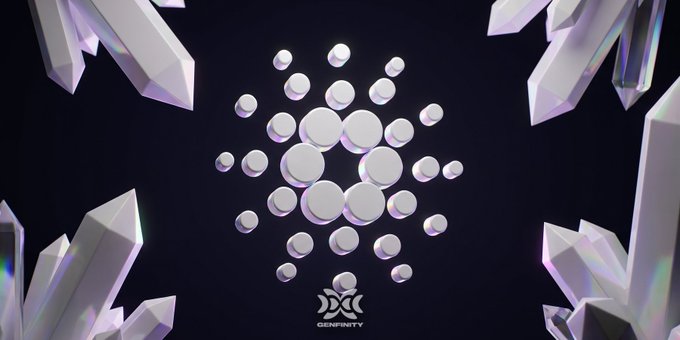 A digital graphic featuring a circular pattern of white discs on a dark background, framed by crystals, with the logo 'GENFINITY' at the bottom.
