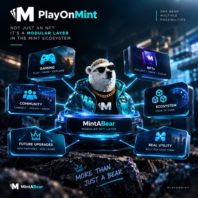 A promotional graphic for 'PlayOnMint' featuring a bear wearing sunglasses and a jacket in the center, surrounded by hexagonal icons labeled 'GAMING', 'NFTs', 'COMMUNITY', 'ECOSYSTEM', 'FUTURE UPGRADES', and 'REAL UTILITY'.