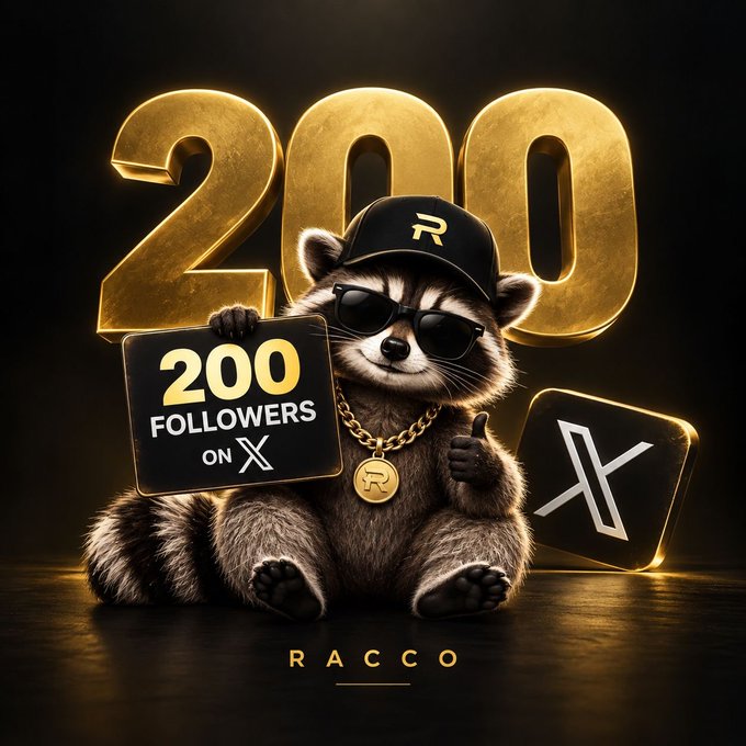 A promotional graphic celebrating "200 FOLLOWERS ON X" featuring a raccoon wearing sunglasses, a black cap with an 'R' logo, and a gold chain, set against large golden 3D numbers with the text "RACCO" below.
