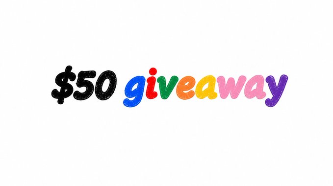 The image displays "$50 giveaway" in colorful, playful text against a white background, with "$50" in black and "giveaway" rendered in rainbow colors. This serves as a promotional graphic for the $50 giveaway mentioned in the post, which encourages users to engage on Telegram to win the prize by submitting their SOL address.