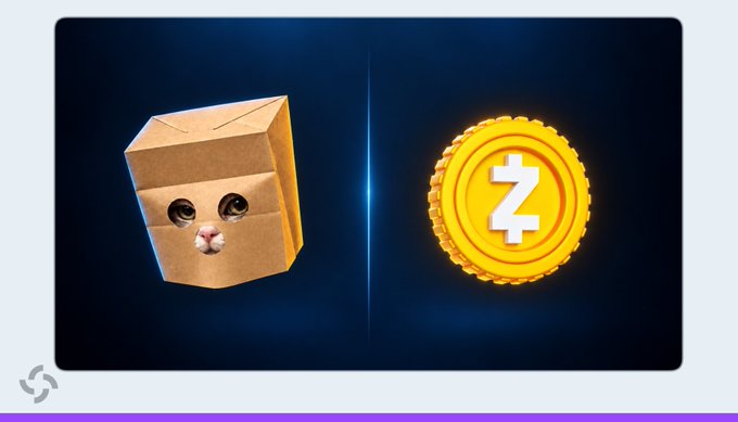 A digital graphic showing a 3D cardboard box with a cat face (resembling the Catbox meme) on the left and a gold Zcash cryptocurrency coin on the right, separated by a vertical blue light beam against a dark background.