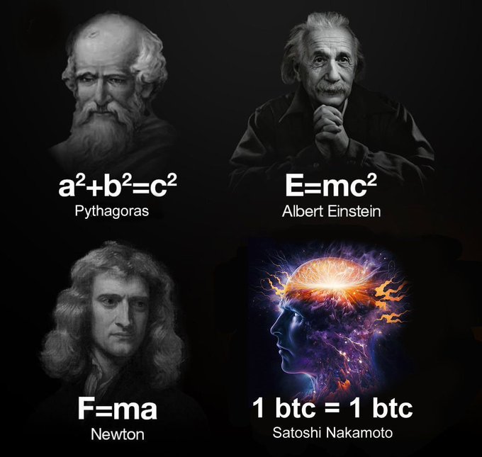 The image is a four-panel meme comparing famous physicists—Pythagoras (a²+b²=c²), Albert Einstein (E=mc²), and Isaac Newton (F=ma)—to a glowing digital brain labeled "Satoshi Nakamoto" with the equation "1 btc = 1 btc," humorously framing Bitcoin's self-referential valuation as a peer to the foundational laws of physics.