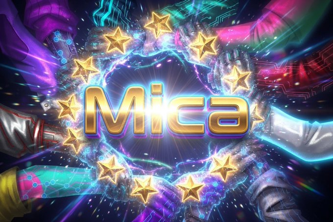 Vibrant, colorful graphic with the word 'Mica' in gold 3D text surrounded by gold stars, set against a futuristic cyberpunk background with circuit board patterns.