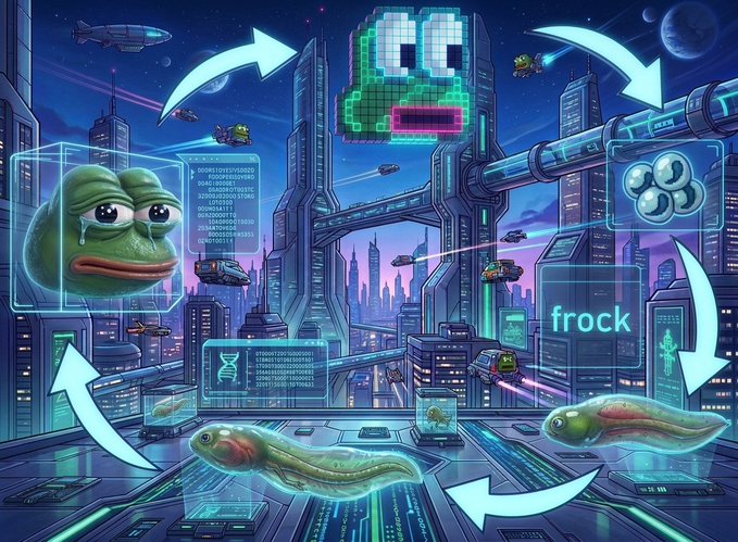 A vibrant sci-fi illustration showing a cyberpunk cityscape with floating tadpoles, a sad Pepe-like character, a pixelated frog face, and the word 'frock' displayed on screens.